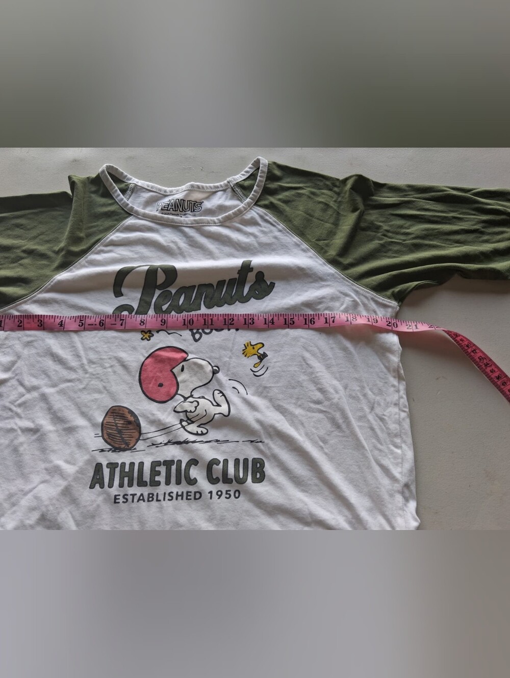 Peanuts Womens' White and Olive Raglan Athletic Club Tee